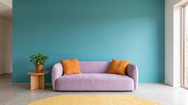Minimalist waiting area with curved lilac sofa, orange cushions, oak side table and empty teal wall