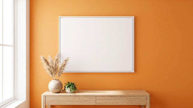 Blank frame mockup on saturated orange wall above oak console with pampas vase, succulent and window