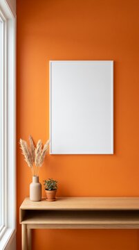 Vertical poster frame mockup on terracotta wall with pampas vase, potted succulent and oak shelf