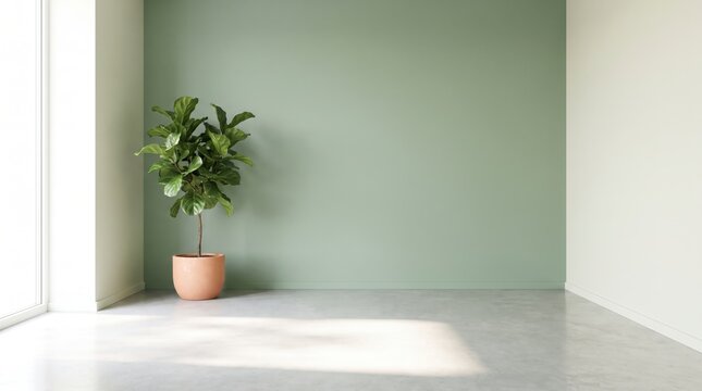 Tranquil empty office wall in sage green with potted fiddle leaf fig and concrete floor