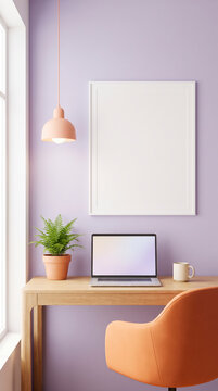 Creative desk setup in lilac room with blank poster frame, laptop, fern, mug and peach lamp