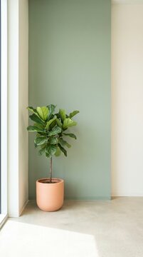 Peaceful sage green corner with terracotta planter, fiddle leaf fig, cream walls and concrete floor