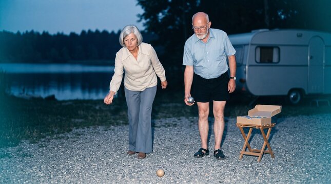 Senior couple learning to throw boules at a lakeside campsite