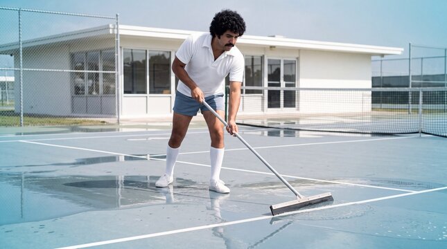Man pushing a squeegee to clear puddles from a tennis court