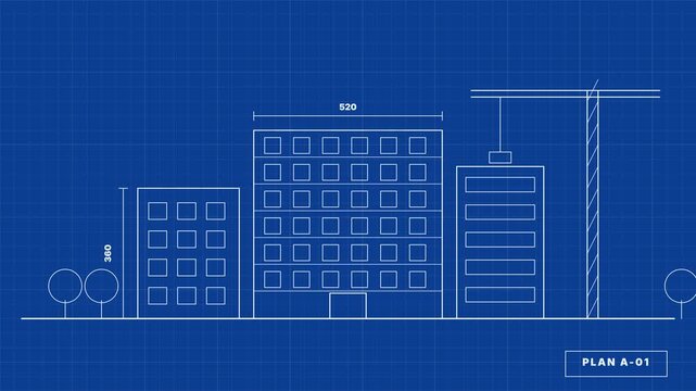 White blueprint lines draw buildings, windows and a tower crane on a blue grid, then the plan transforms into a colorful city block with Happy Labor Day, Celebrating Every Worker.