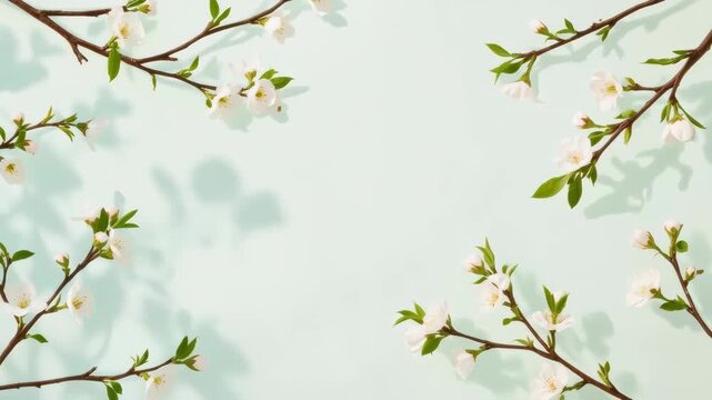 White Blossom Branch With Green Leaves Casting Soft Spring Shadows Over Pale Mint Background
