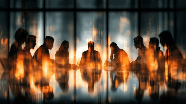 Corporate business team holding a strategic meeting in a dark modern office with warm glowing city lights background