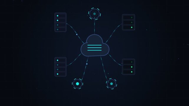 Central cloud computing network diagram connecting multiple digital server nodes