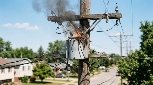 A close up view of an electric burn on a utility pole transformer, showing thick smoke and flames rising into the bright blue sky above a residential suburban street on a sunny day