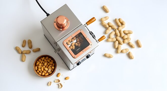 Compact stainless steel nut roasting machine with copper details, wooden handles, glass window showing peanuts inside, surrounded by raw inshell peanuts and a wooden bowl of roasted nuts.