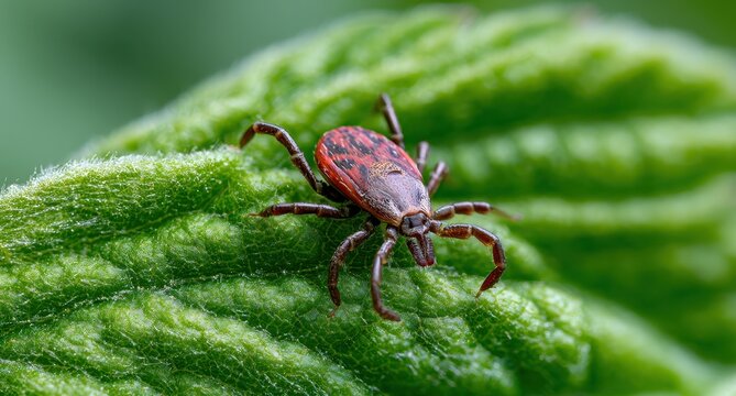 Macro shot of Ixodidae tick crawling on a green leaf. Disease transmits from tick to human or pet. Pest Control in suburban area, garden and urban park from hard ticks and other dangerous parasites.