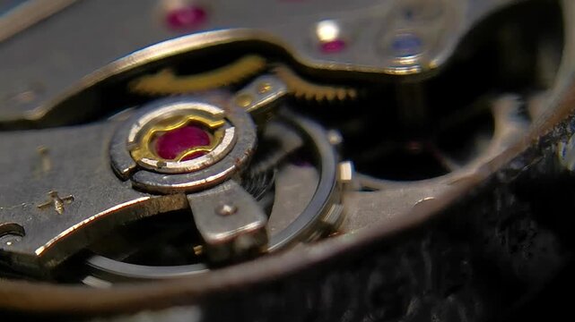 Angled macro video of watch balance wheel and hairspring beating inside mechanical movement