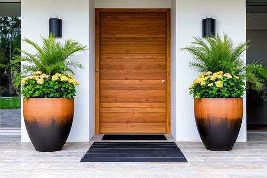 A front door with a wooden frame, flanked by two large potted plants with green foliage and yellow flowers