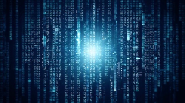 Abstract digital background featuring glowing binary code particles forming vertical light patterns data stream system information computing