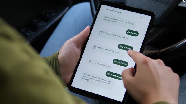 User starts a personalized mindfulness session on a tablet, highlighting digital wellness, guided breathing, stress management and the growing role of AI in everyday self-care.