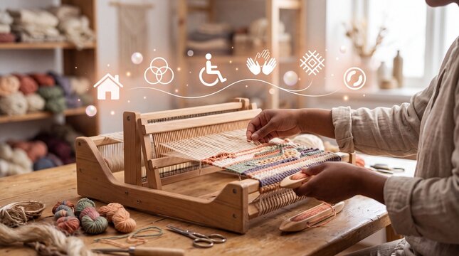 Person weaving a textile on a small wooden loom in a craft studio workshop with weave colorful textile textile piece while while sitting table studio filled yarn
