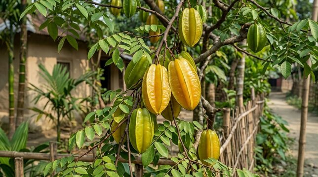 Star fruit carambola tree with ripe yellow and green star fruits hanging from branches near a bamboo fence and mud house in a village in rural Bangladesh, South Asia