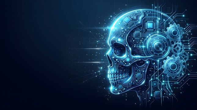 Futuristic glowing cybernetic skull profile integrated with electronic motherboard microchips, circuit traces, and mechanical gears.