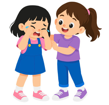Two Schoolgirls Comforting a Crying Friend in Cute Educational Illustration
