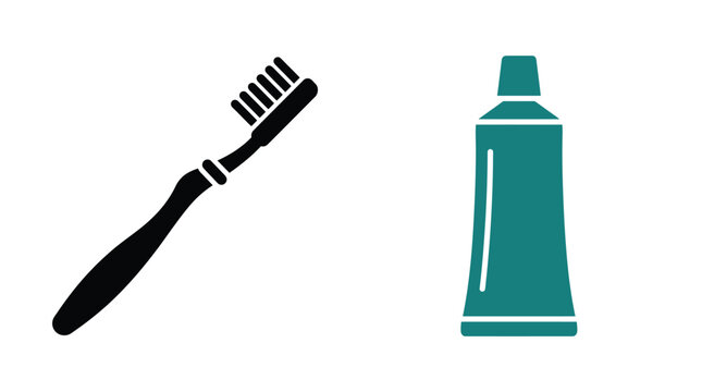 Dental hygiene vector illustration featuring minimalist black toothbrush and teal toothpaste tube isolated together