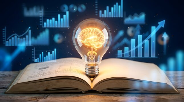 Innovative business idea and knowledge concept with a glowing human brain inside a light bulb placed on an open book, surrounded by digital financial data charts, growth graphs, and arrows.