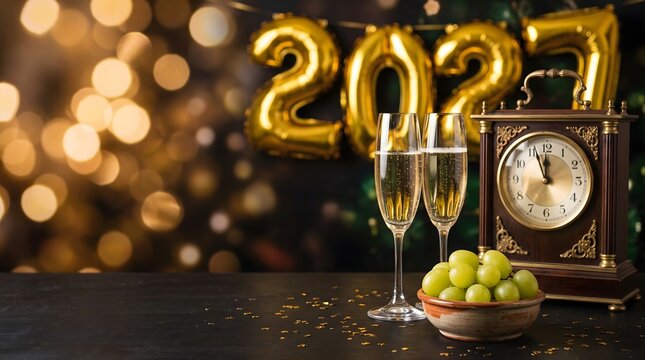 Two champagne glasses, green grapes, and a vintage clock near midnight with golden 2027 balloons and bokeh background, New Year's Eve celebration and twelve grapes tradition concept.