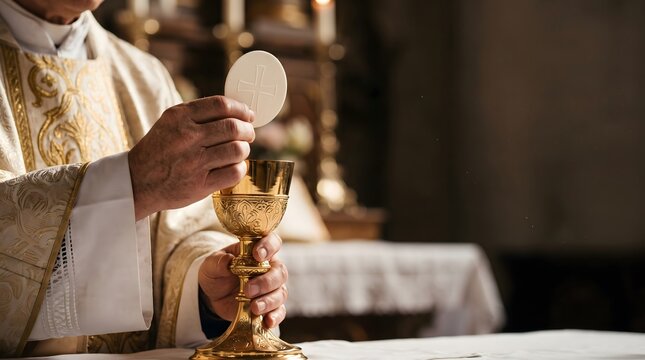 Close-up of a priest's hands holding the holy communion host above a golden chalice during the Eucharist sacrament mass in a church.