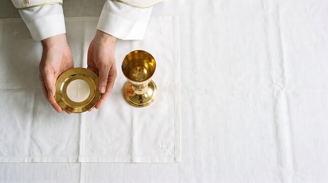 Top view of a priest's hands holding a golden paten with the holy communion host next to a chalice on a white altar cloth with copy space.