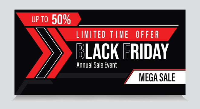 Black friday mega sale promotional banner with geometric arrow graphics and discount offer