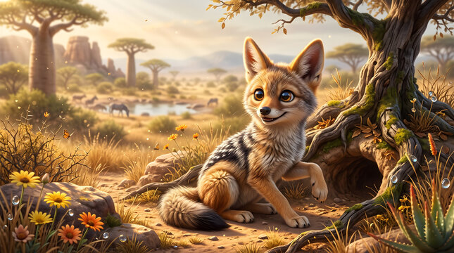 Curious young jackal sitting outside tree den in golden grassland