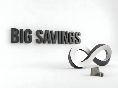 Big savings 3d text with an infinity symbol and small shopping bags for retail sales