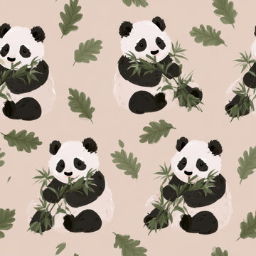 Seamless pattern, chubby pandas eating bamboo and scattered oak leaves, 
