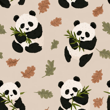 Seamless pattern, chubby pandas eating bamboo and scattered oak leaves, 