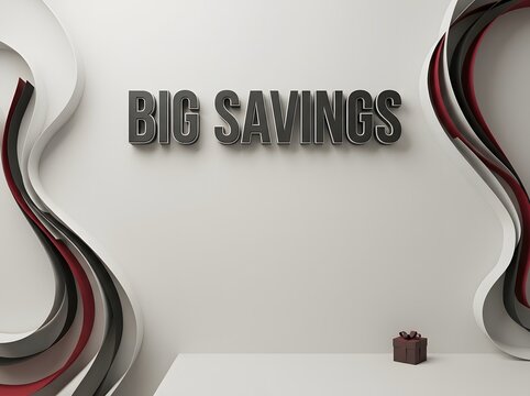 Big savings text with stylish dark wavy abstract shapes and a small black gift box