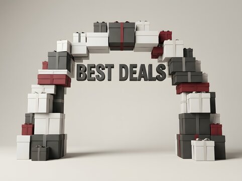 Arch made of many gift boxes with the text best deals written in the center for shopping
