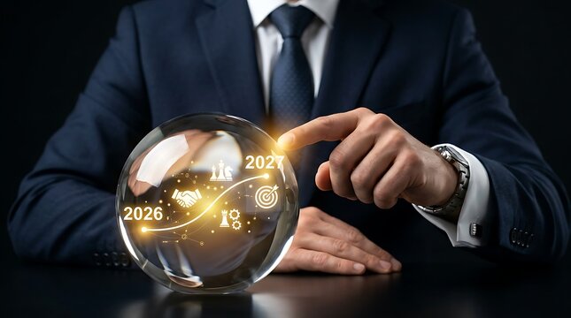 Professional businessman touching glowing crystal ball with future business strategy icons and year numbers for corporate planning and forecasting