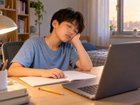 Tired Schoolboy Studying with a Laptop at Home During an Online Lesson