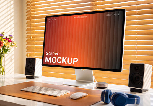 Desktop Monitor Screen Mockup on White Desk with Warm Sunlight