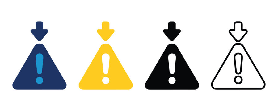 Set of four warning triangle icons with downward arrows and exclamation marks for urgent digital alerts under clean flat lighting.