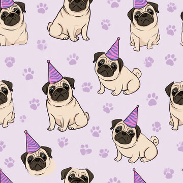 Seamless pattern, pugs with party hats and scattered paw prints, pale lilac background