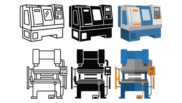 CNC lathe machine vector icon set.of automated factory metalworking equipment, computer numerical control turning machine, and industrial milling machinery.