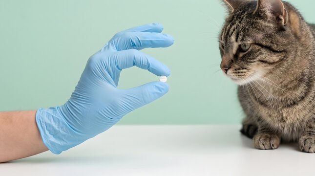 Veterinarian Providing Medication to a Domestic Tabby Cat in Clinic