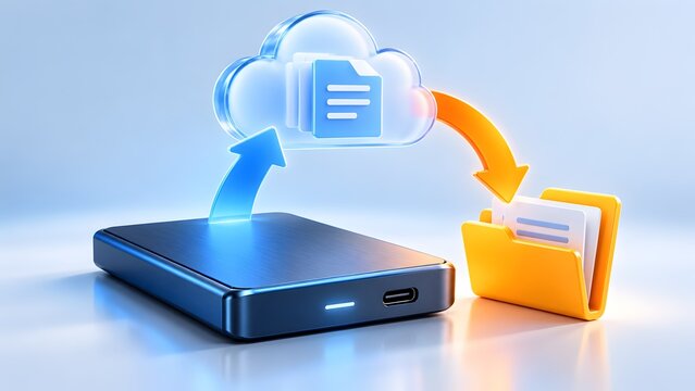 Glowing cloud storage transferring data files to hard drive and yellow folder, representing digital backup network, server connection and secure information management, copy space, 3d render.