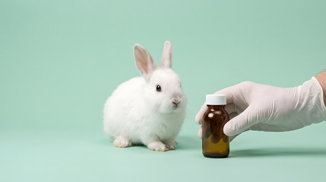 A Gentle Researcher Handling Medication Next to a Small White Rabbit in a Studio
