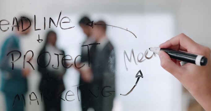 Hand writes Meeting on glass board while blurred multicultural colleagues discuss workflow. Marker adds planning word linking idea arrows during office session