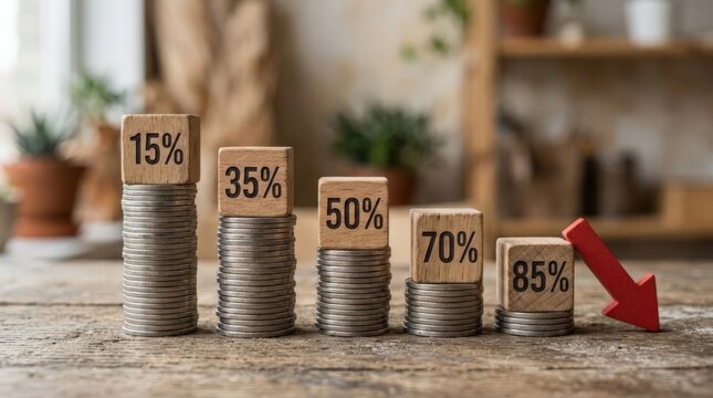 Trading money loss is conceptually depicted by five decreasing stacks of silver coins topped with wooden blocks displaying percentage figures and a red downward arrow on a wooden table