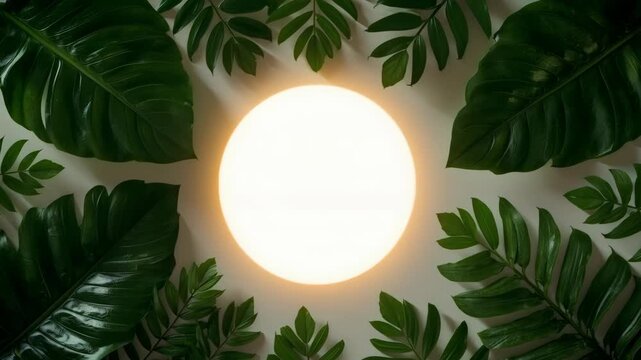 Tropical Foliage and Green Leaf Frame with Glowing Circular Light in Botanical Scene