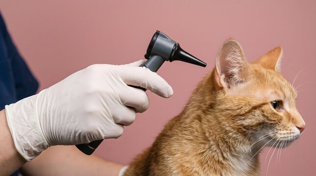 Veterinarian Performing an Ear Examination on a Ginger Cat in a Clinic