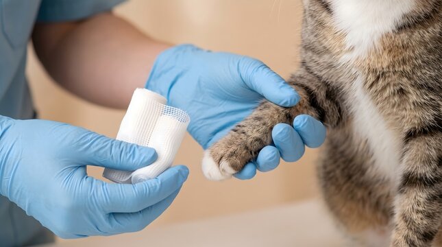 Veterinarian Applying Medical Bandage to Injured Cat Paw in Veterinary Clinic