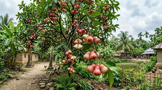 Rose apple jamrul tree with ripe red fruits hanging from branches near a village pond, mud houses and bamboo fence in rural Bangladesh, South Asia